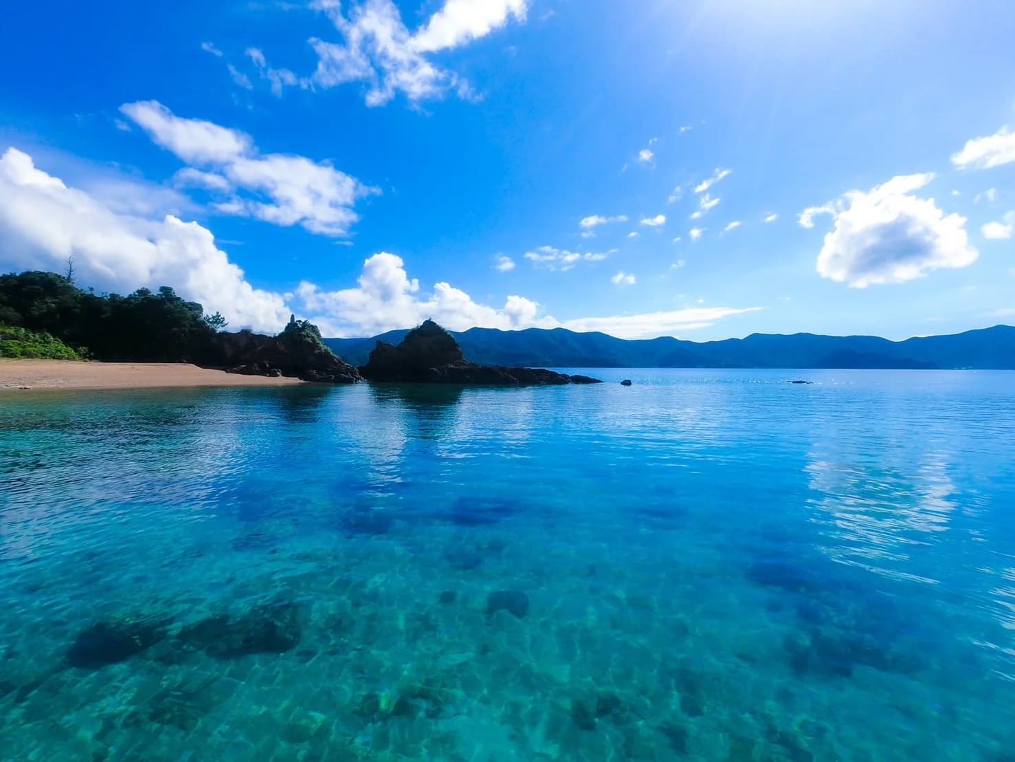 奄美大島の透明度抜群の海でシュノーケリング体験をする様子